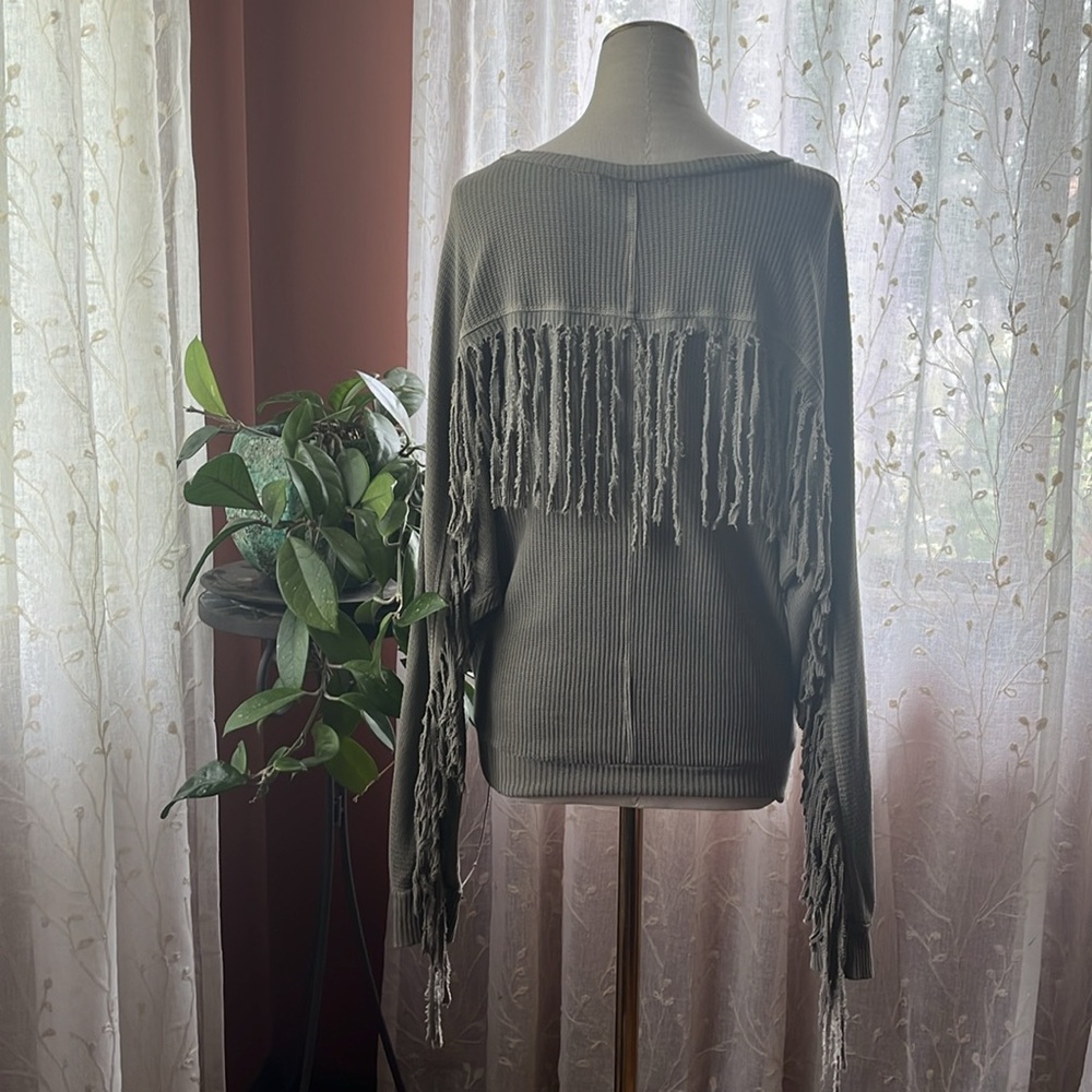 Sam and Lavi Cotton Waffle Scoop Neck Fringe Detailed Long Sleeved Shirt/ Tee